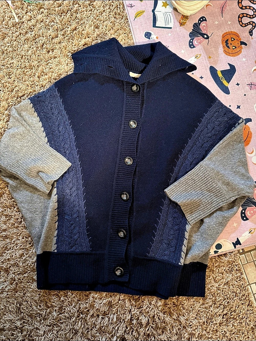 Whim small Thistle Hooded Oversized Cardi Color Block Blue & Gray cable cashmere